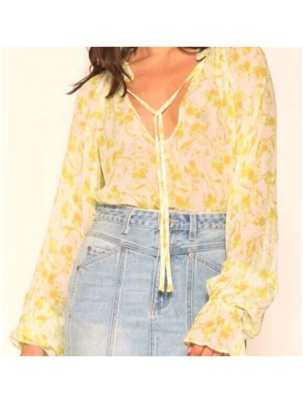 Anthropologie Aureta Tie Front Blouse Sz XL Green Floral Cream Semi Sheer Boho